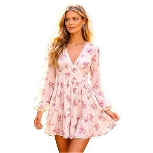 Altar’d State Pink Floral Lace Trim Mini Dress Romantic Cottagecore Boho Size XS